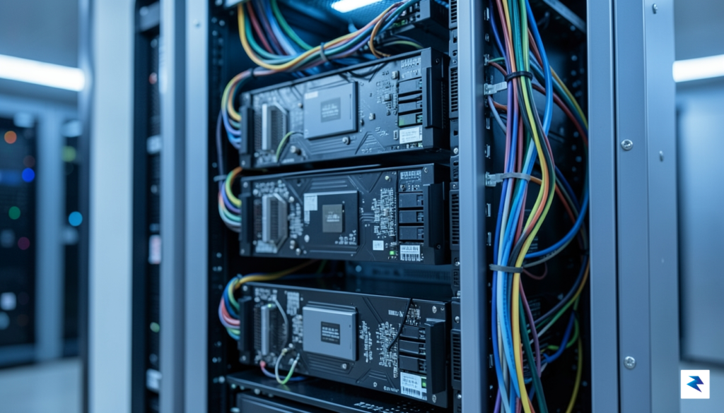 A close-up, high-tech photograph of a modern server rack in&hellip;