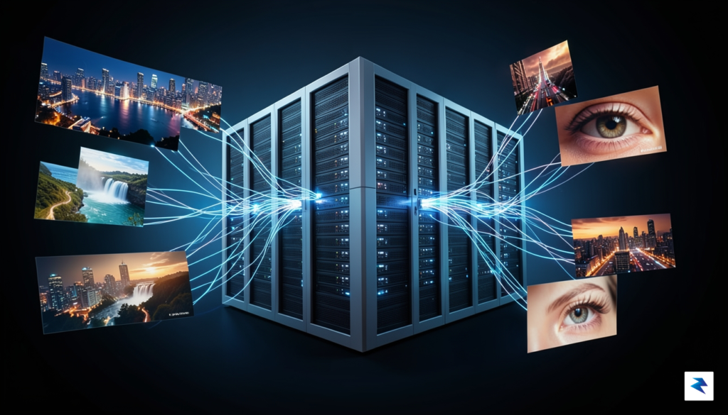A sleek, modern digital visualization of a high-tech data center&hellip;