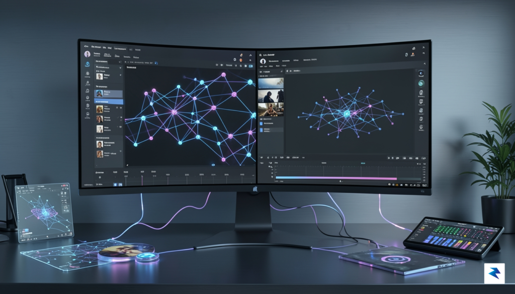 A sleek, futuristic digital workspace showing split-screen AI video generation&hellip;