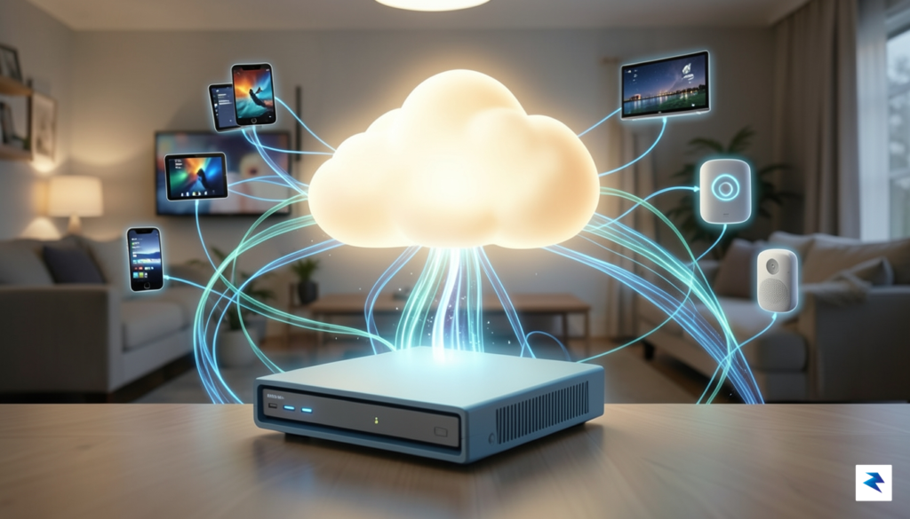 A conceptual digital illustration showing a local home media server…