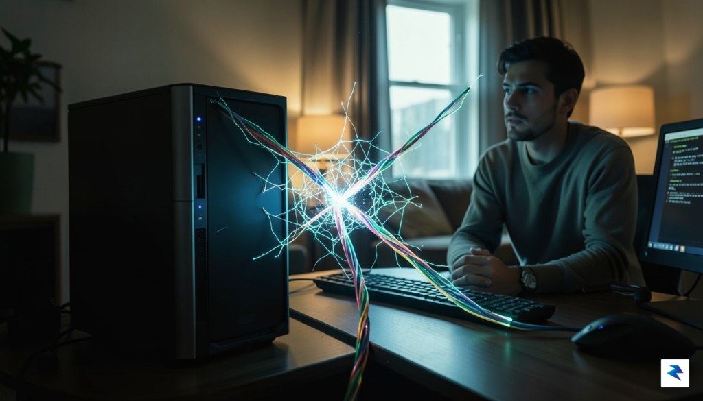 A high-contrast, artistic conceptual image showing a glowing, intricate digital…
