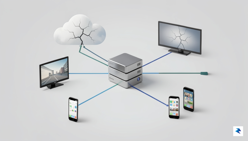 A diagram showing a home network with a server icon…
