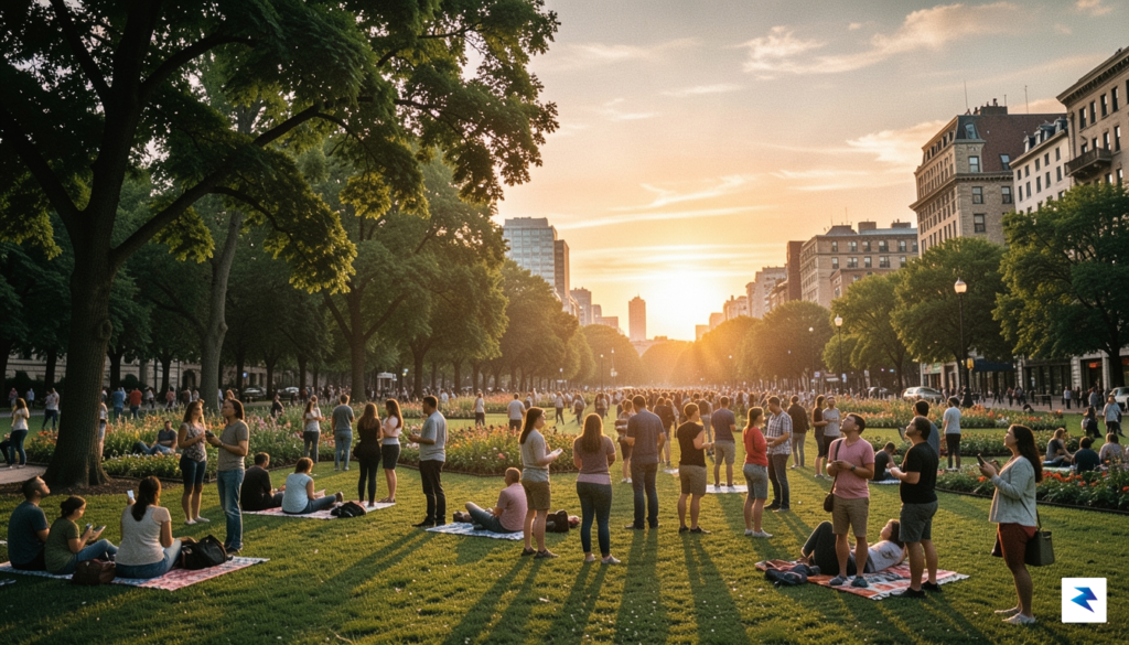 A wide-angle, nostalgic shot of a crowded city park in…