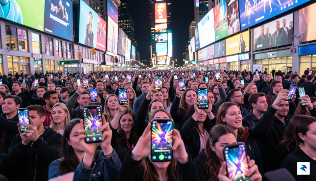 A wide-angle, high-energy shot of hundreds of diverse people standing…
