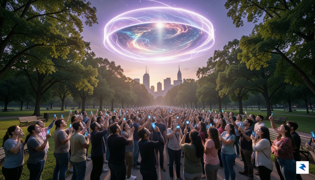 A wide-angle, cinematic shot of a diverse crowd of people…