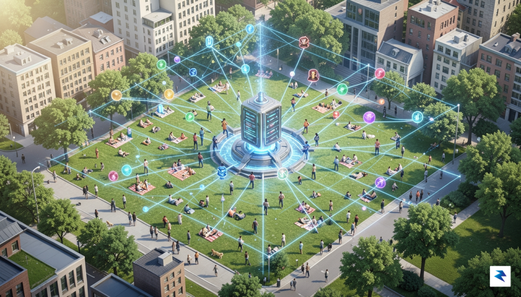 A high-resolution digital illustration showing a glowing, isometric digital grid…