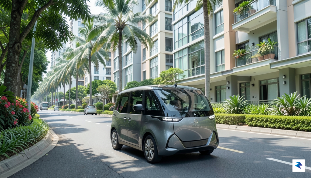 A sleek autonomous robotaxi navigating a modern, clean residential street…
