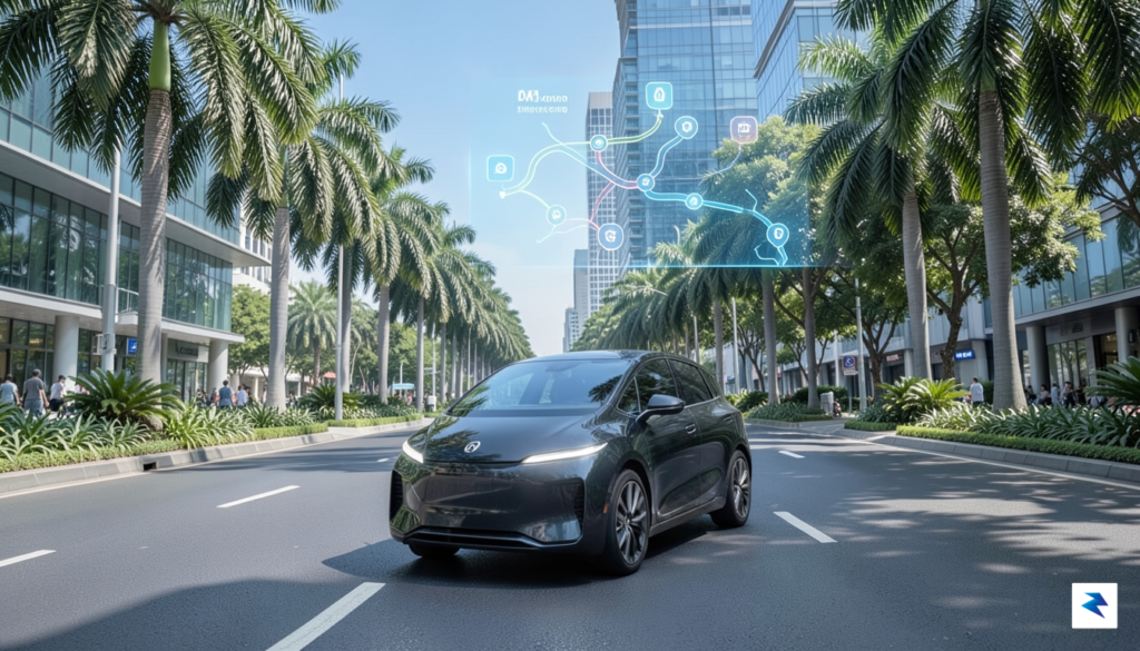 A sleek, autonomous electric vehicle navigating a modern, lush green…