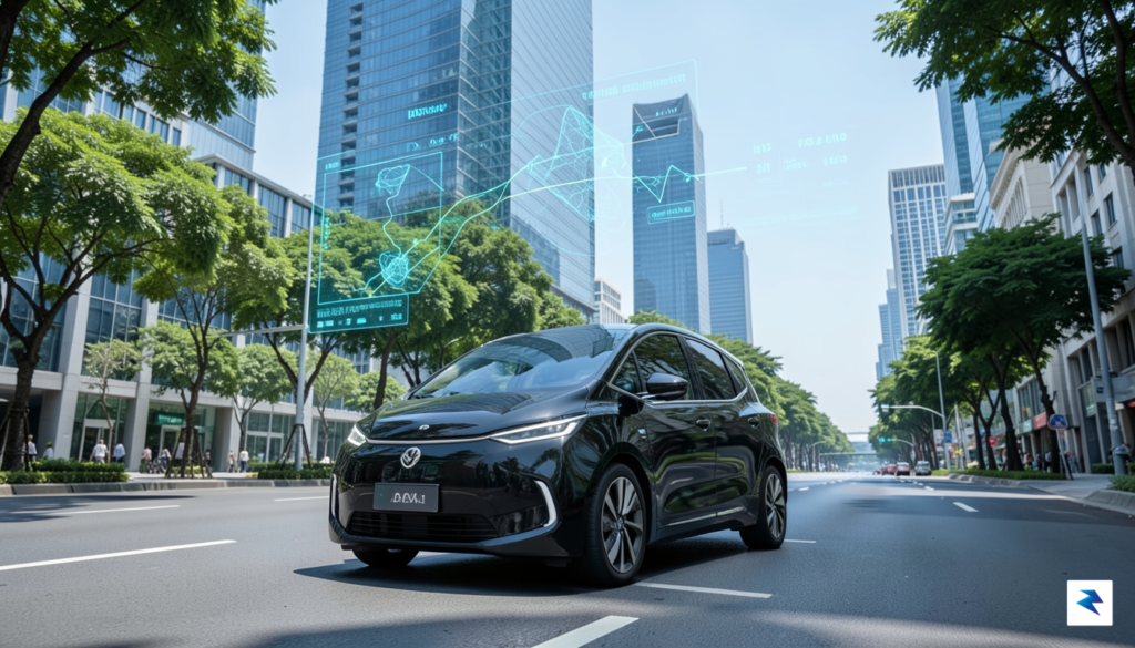 A modern, sleek autonomous robotaxi navigating a clean, high-tech Singaporean…