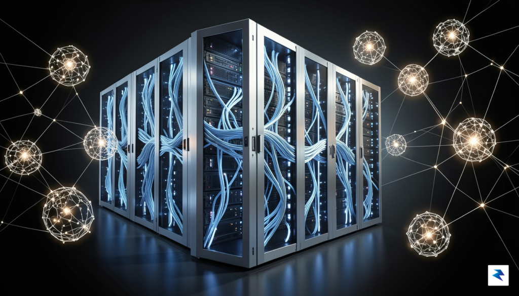 A conceptual digital illustration showing a futuristic, illuminated server room&hellip;