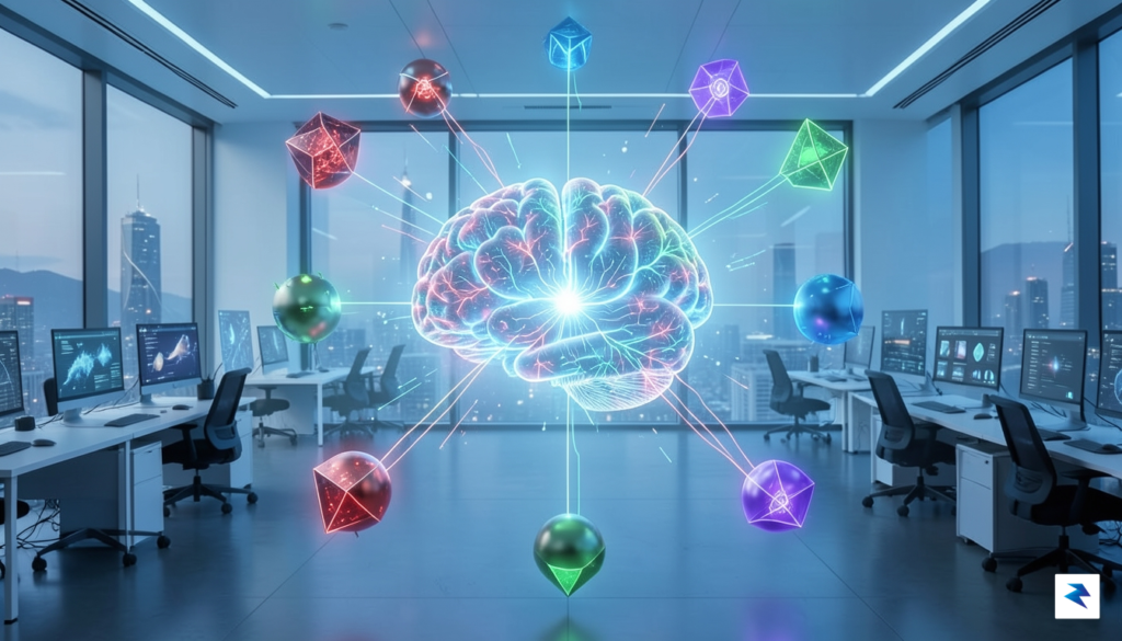 A conceptual digital visualization showing a central enterprise brain connecting&hellip;