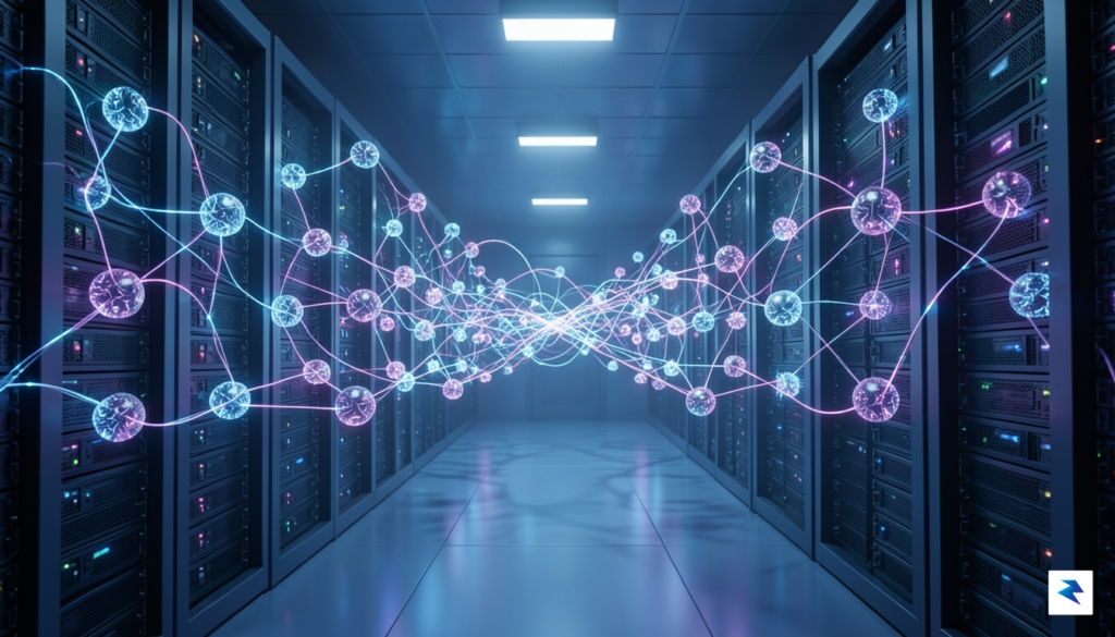 A sleek, futuristic 3D visualization of interconnected neural network nodes&hellip;