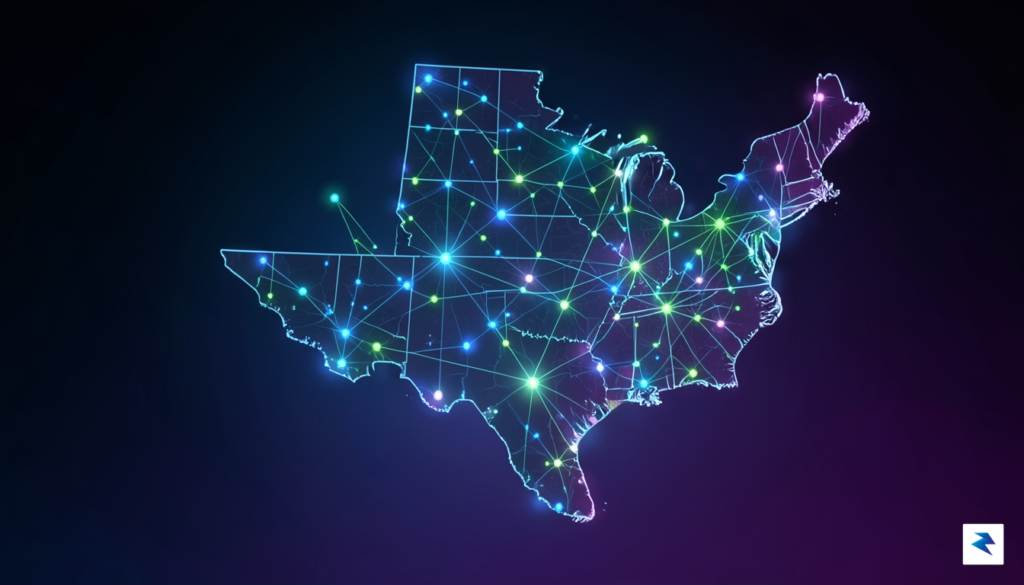 A conceptual illustration showing a digital map of Texas glowing&hellip;