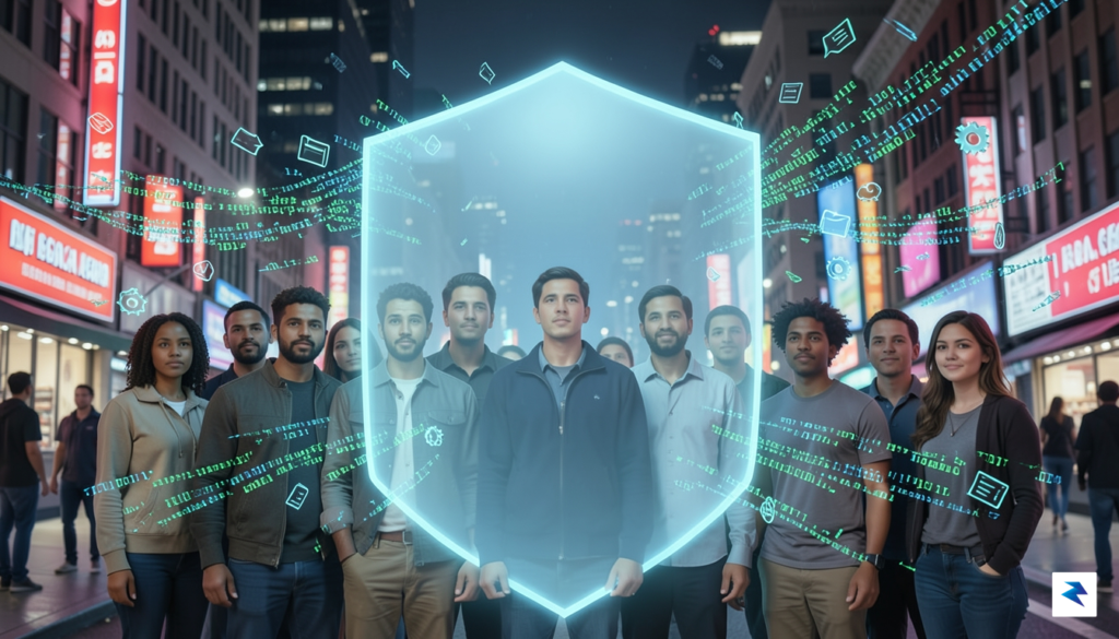 A conceptual digital illustration showing a diverse group of people&hellip;
