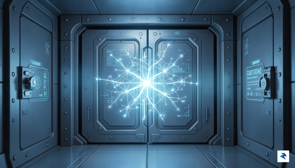A conceptual digital illustration showing a clean, glowing neural network&hellip;
