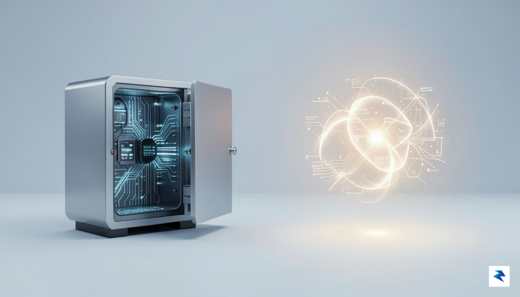 A clean, minimalist conceptual illustration showing a secure, encrypted digital&hellip;