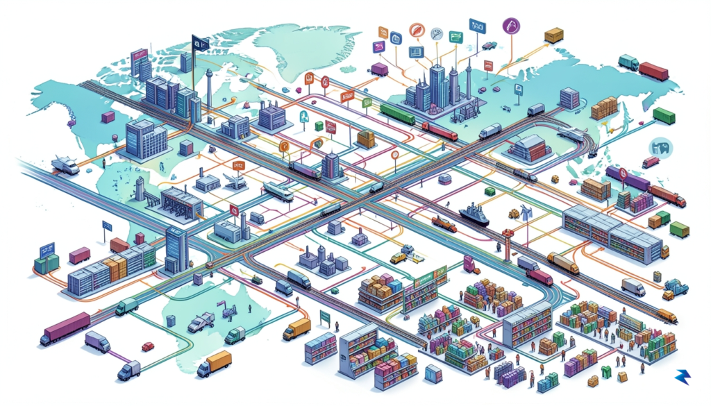 A conceptual digital illustration showing a complex supply chain network&hellip;