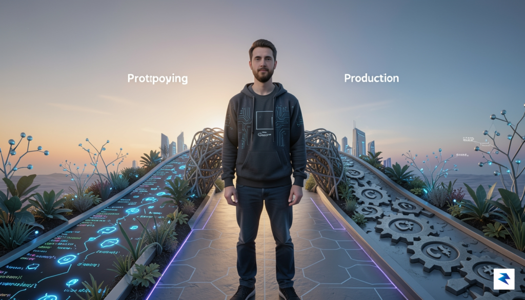 A digital illustration showing a developer standing between two paths,…