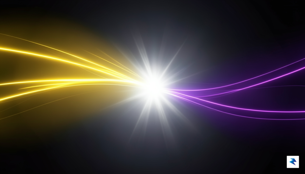 A conceptual digital illustration showing two streams of light, one…