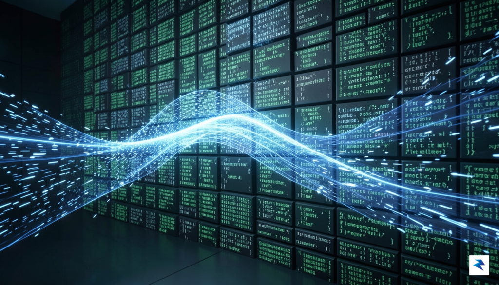 A conceptual visualization showing a sleek, fast-moving digital stream hitting…