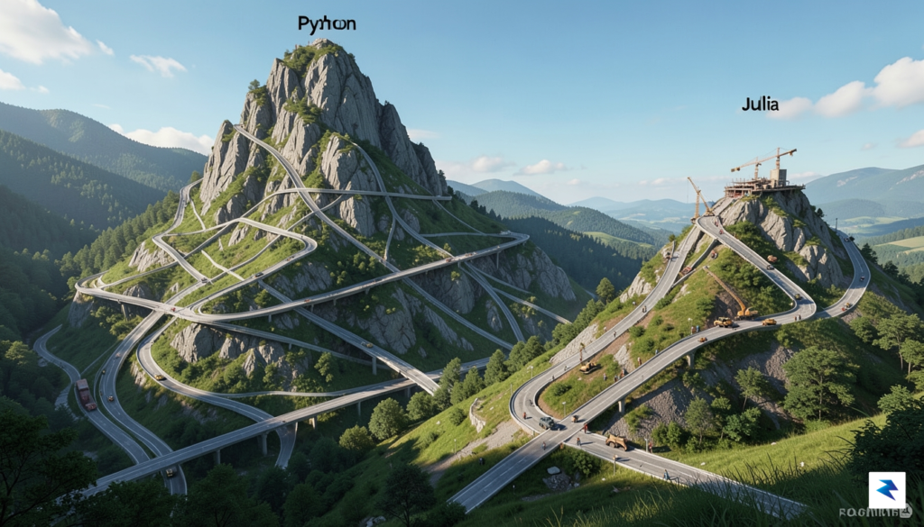 A conceptual digital illustration showing a massive, well-established mountain peak…