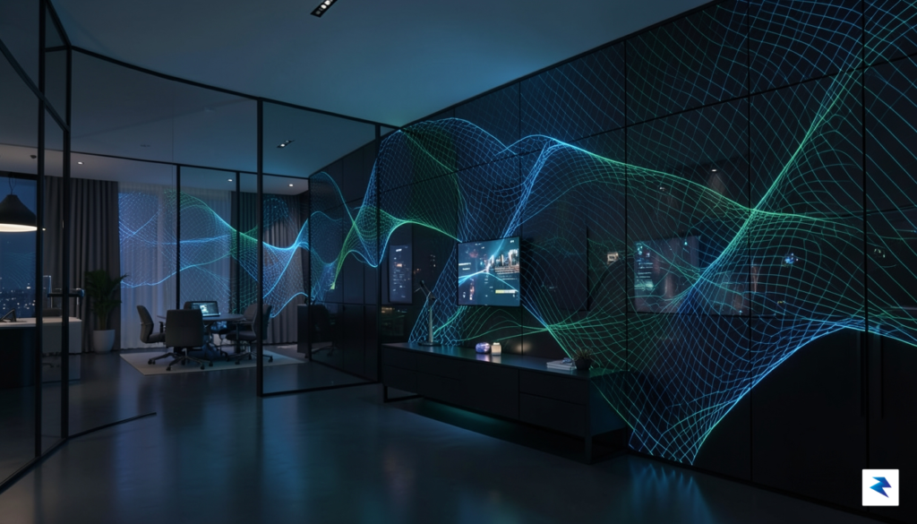 A futuristic smart home interior at night, showing a soft,…