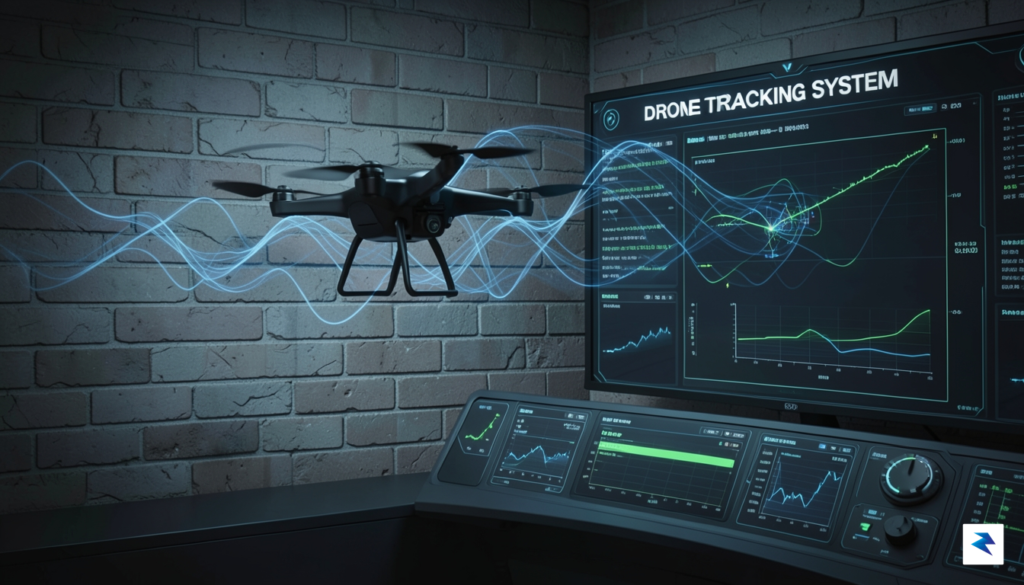 A conceptual digital visualization of a quadcopter drone being tracked…