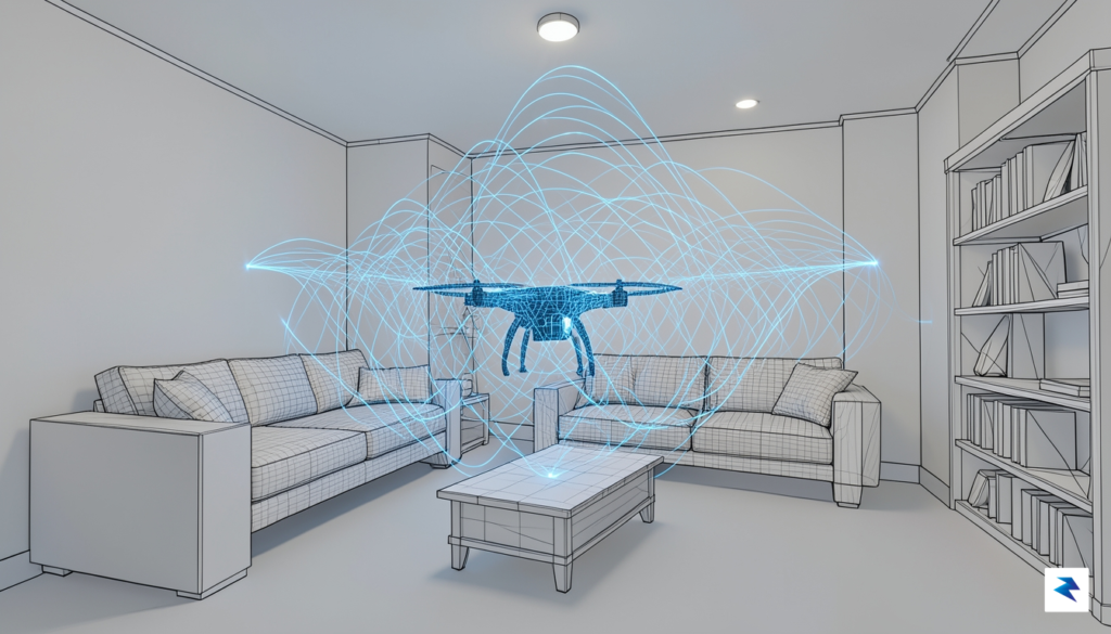 A 3D wireframe visualization showing radio waves bouncing off walls…