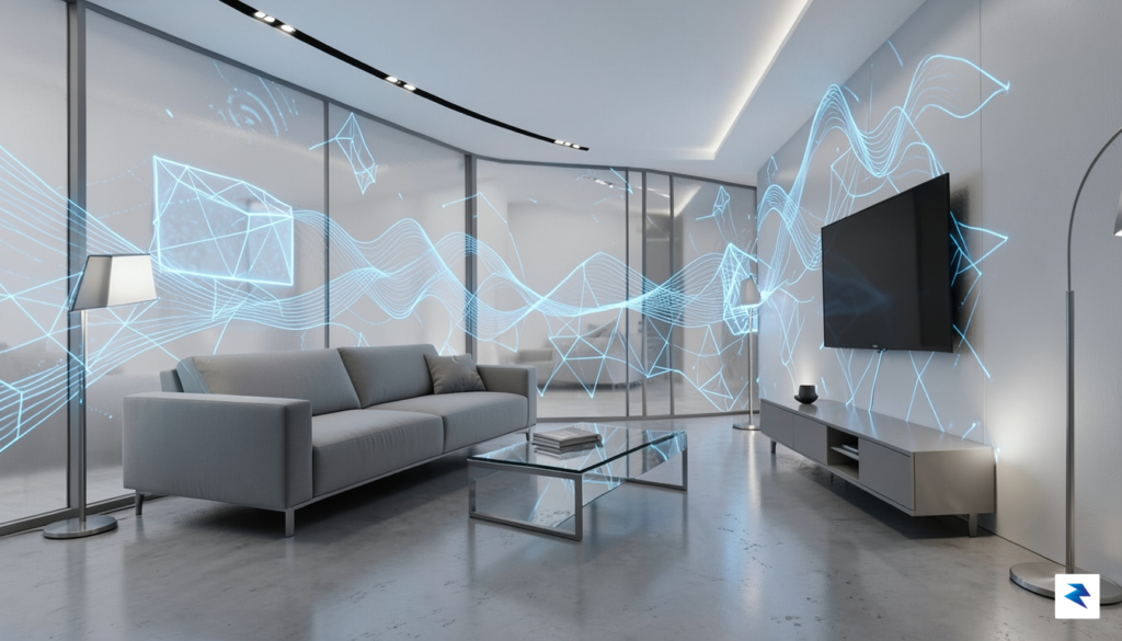 A sleek, futuristic visualization of a living room where WiFi…