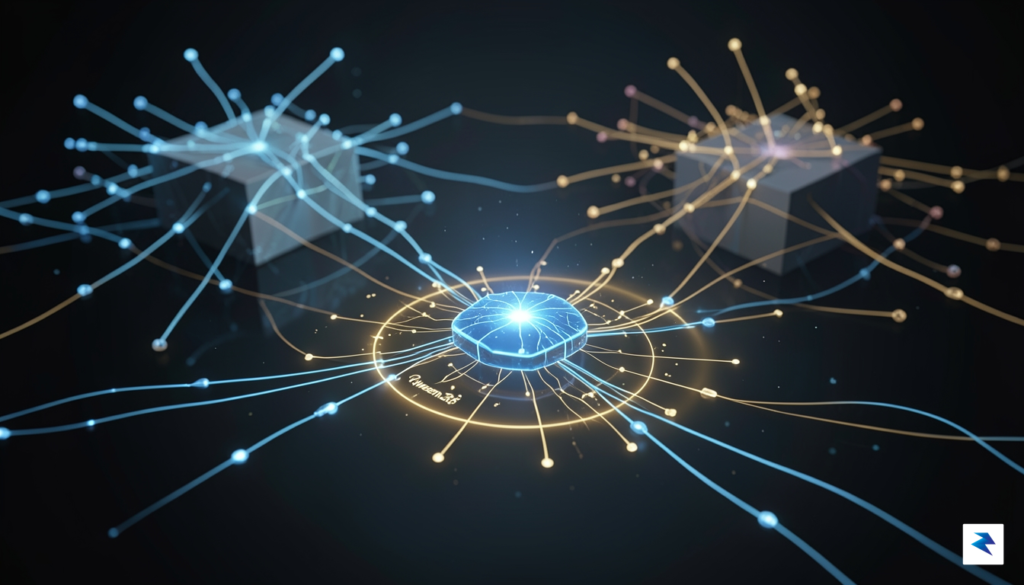 A sleek, futuristic digital visualization of a neural network glowing…