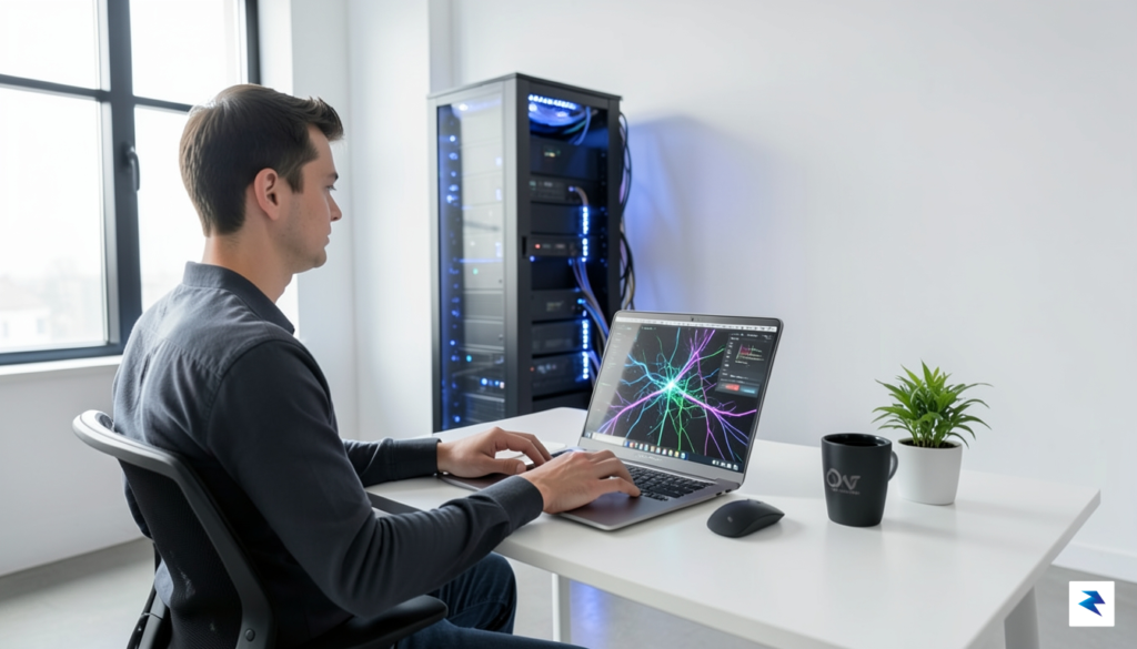 A clean, modern workspace featuring a glowing server rack in…