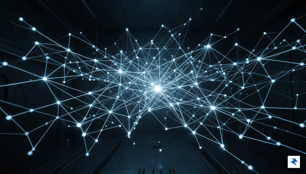 A cinematic, high-tech visualization of a glowing, interconnected digital neural…