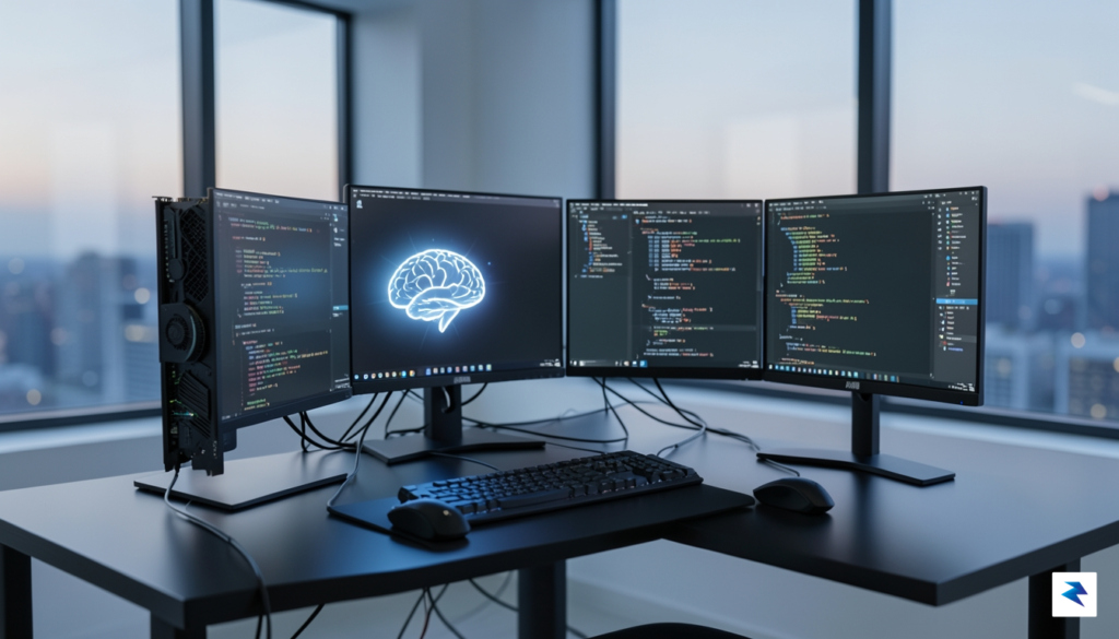 A modern, sleek developer workstation featuring dual high-end graphics cards,…