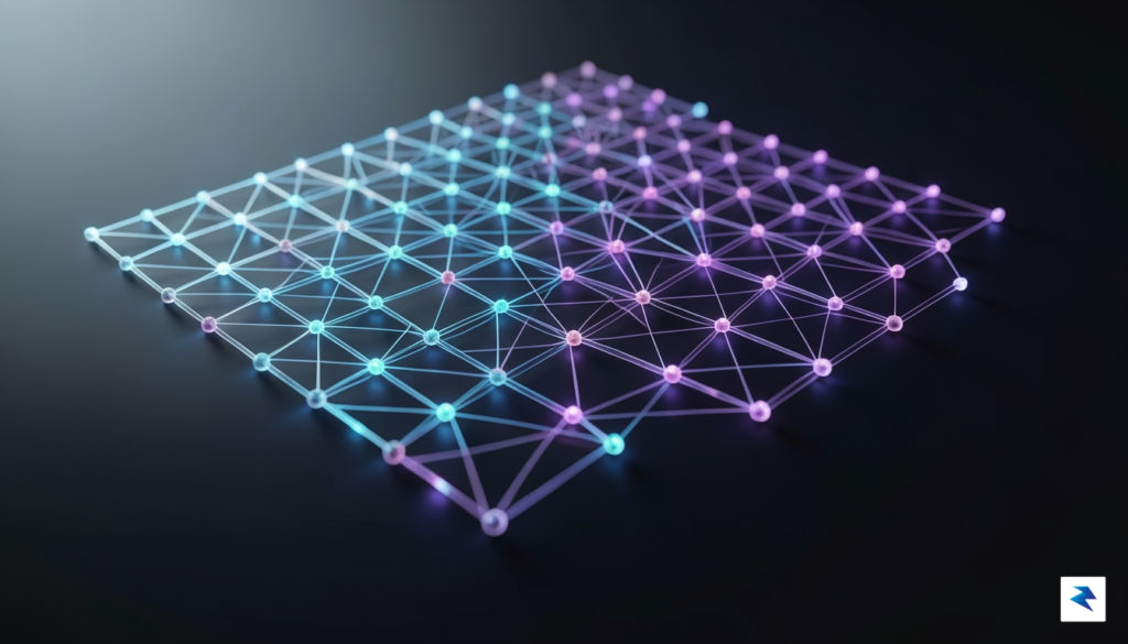 A sleek, futuristic 3D visualization of a neural network grid…
