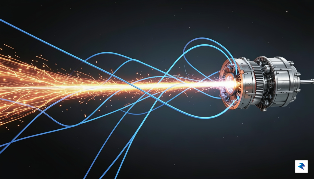 A detailed schematic illustration showing a high-energy plasma stream being…