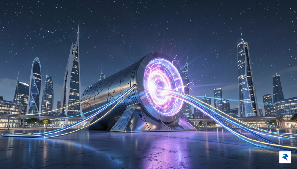 A sleek, futuristic fusion reactor glowing with plasma, with direct…