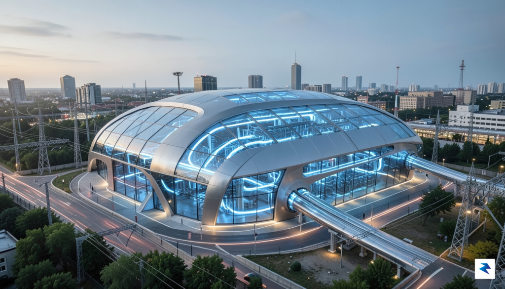 A sleek, futuristic fusion power plant facility integrated into a…