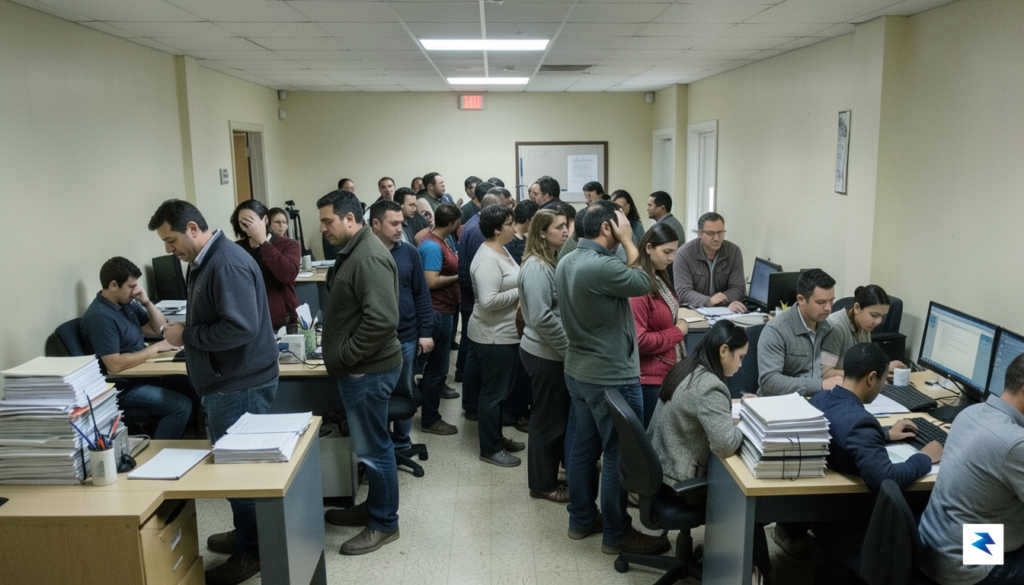 A long line of diverse people waiting patiently inside a…