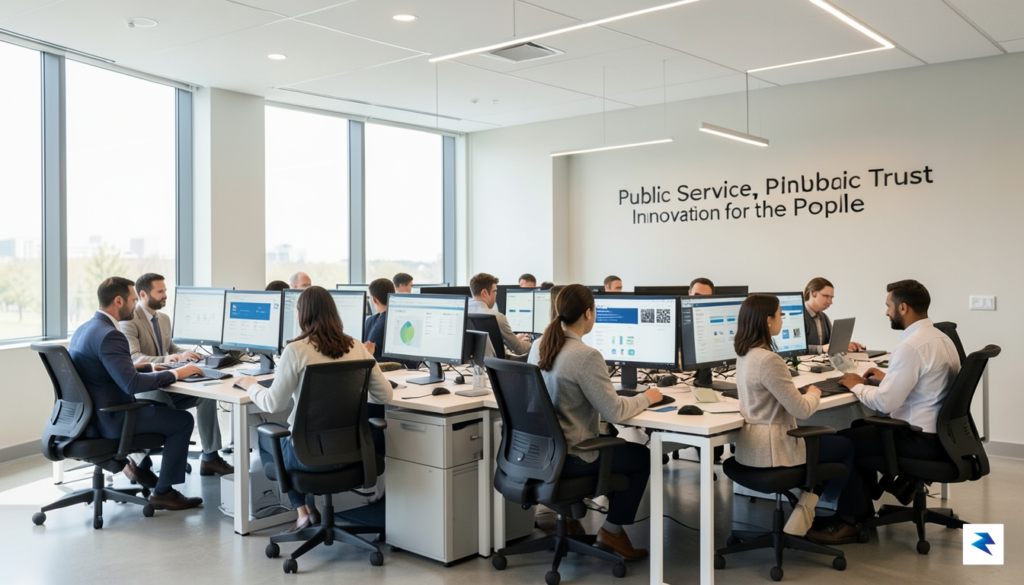 A modern, clean office interior showing a diverse group of…