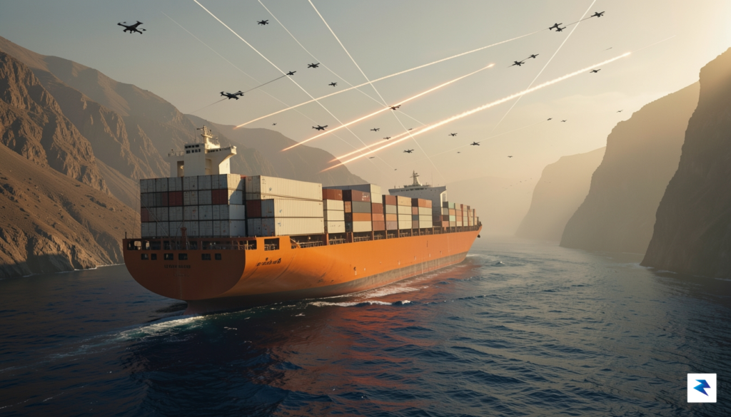 A wide-angle digital illustration showing a commercial container ship navigating&hellip;