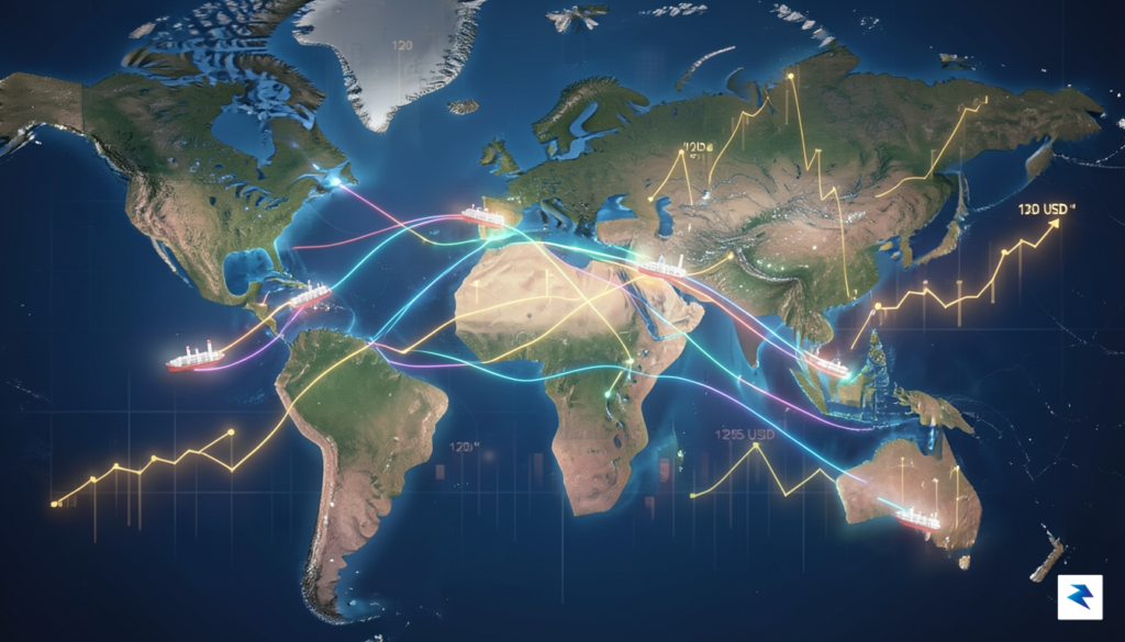 A digital visualization of a glowing, interconnected global oil supply&hellip;