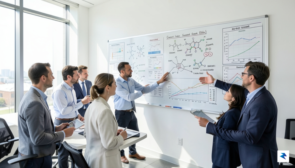 A diverse team of scientists and business professionals collaborating intently&hellip;
