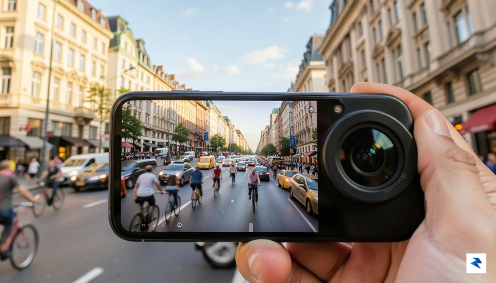 A close-up shot of a smartphone camera lens recording a…