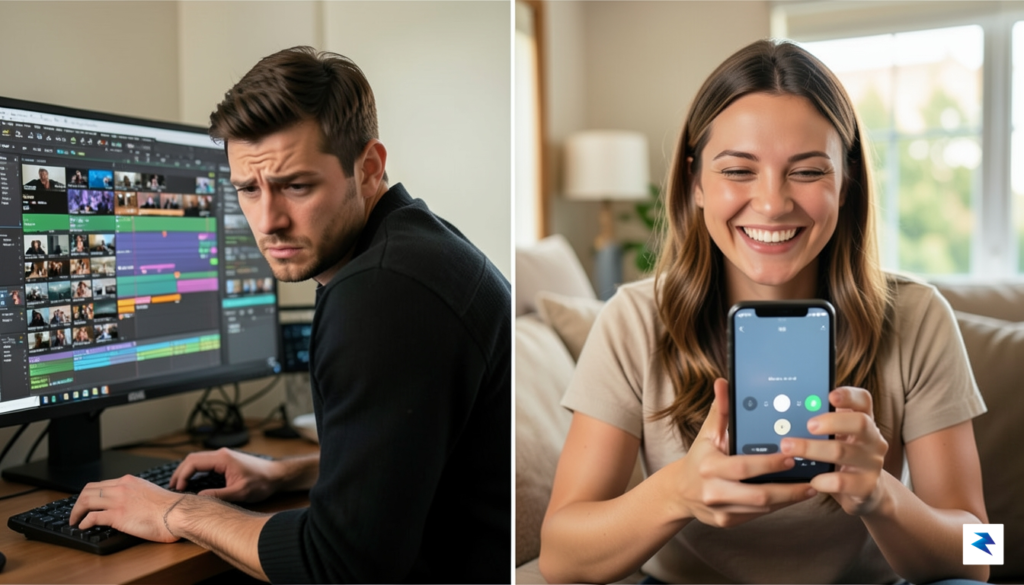 A split-screen composition showing a frustrated person staring at a…