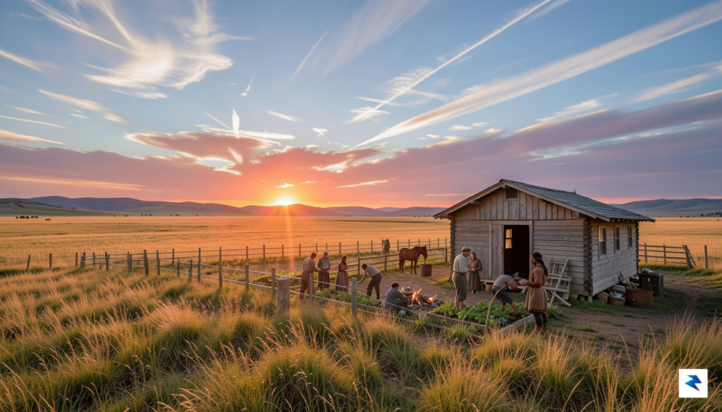 A wide-angle, cinematic shot of a sprawling, golden-hued prairie landscape…