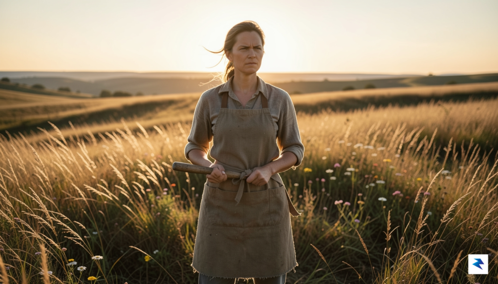 A cinematic, high-definition shot of Caroline Ingalls standing in a…