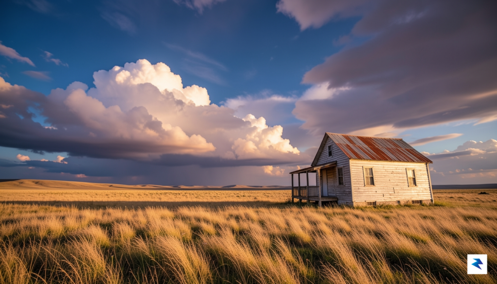 A wide-angle, cinematic shot of a vast, golden prairie landscape…