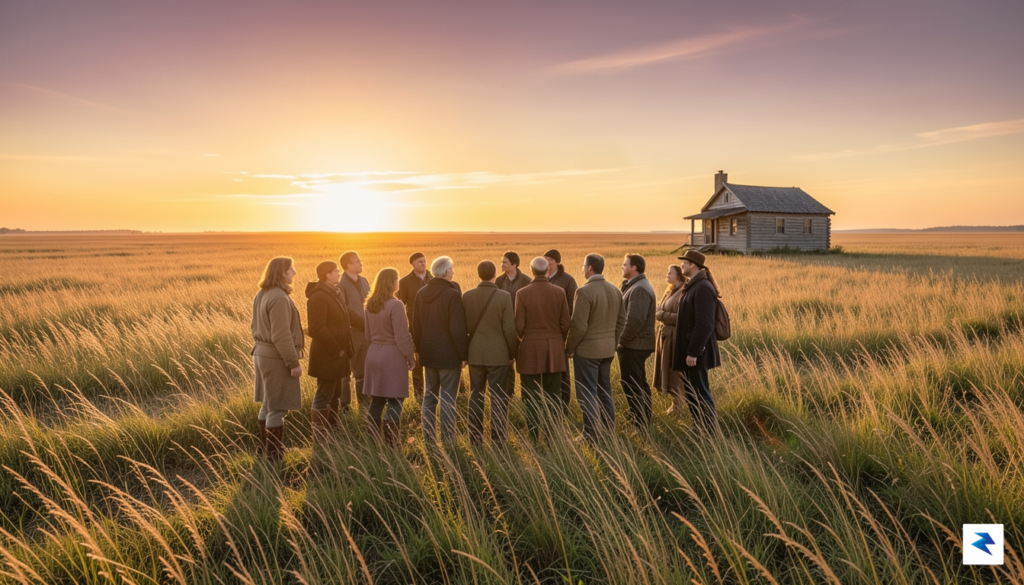 A wide-angle, cinematic shot of a diverse group of settlers…
