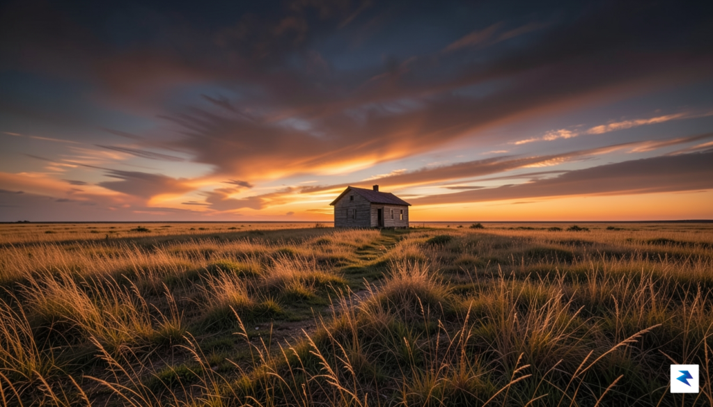 A wide-angle, cinematic shot of an expansive, golden-grass prairie under…