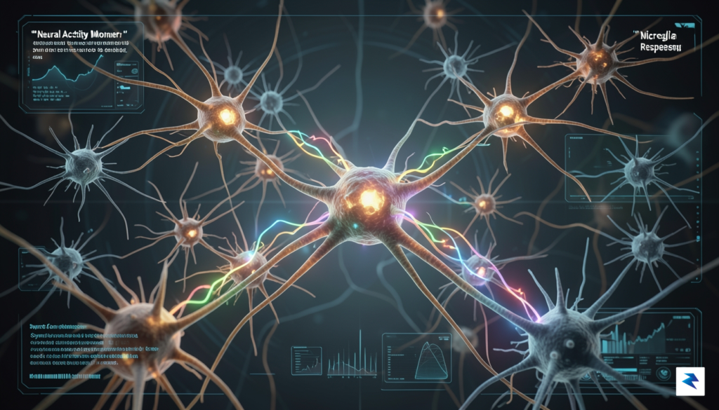 A microscopic, detailed visualization showing a network of neurons with&hellip;